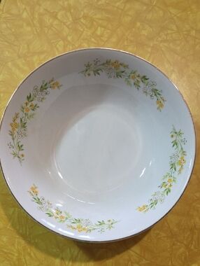 #15 White Porcelain Serving Bowl with Yellow Floral and Green Leaf Border